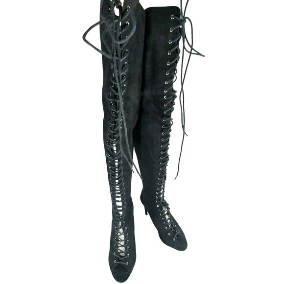 LUXE BLACK VEGAN SUEDE LEATHER/MICROFIBER OVER THE KNEE SEXY BOOTS! SZ 10M - Picture 2 of 11